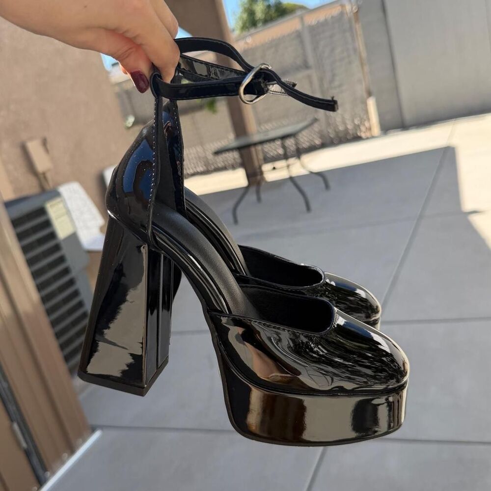 Black Patent Leather Mary Jane Platform Chunky Heels Size 35